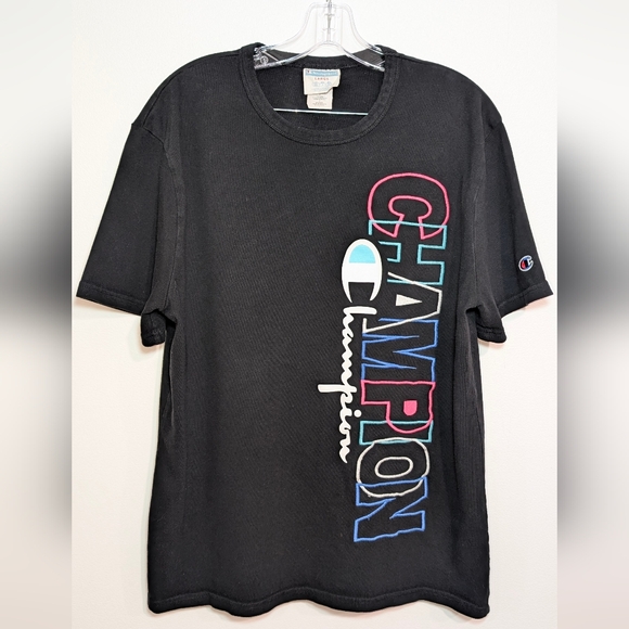 90's Style Champion Black Neon Embroidered Logo T-shirt Unisex Large 100% Cotton - Picture 2 of 11